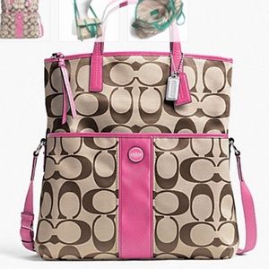 Coach Signature Stripe Foldover Tote Pink/Khaki